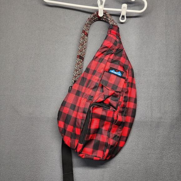 KAVU Rope Sling Bag Red Black Buffalo Plaid Crossbody Backpack Rope Strap OS - Picture 1 of 16